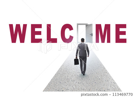 Businessman on the road leading to welcome sign 113469770