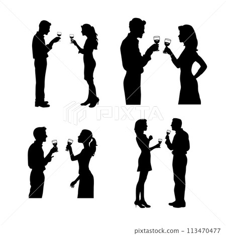 Man and woman drinking wine together. Business people meeting and drinking wine vector silhouette isolated on white Man and woman drinking wine together. Business people meeting and drinking wine vector silhouette isolated on white 113470477
