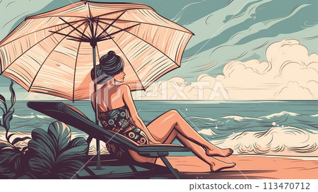 Woman on chaise longue on the beach. Generative AI 113470712