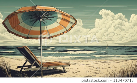 Retro backgroud of chaise longue and beach umbrella on the seashore. Generative AI 113470713