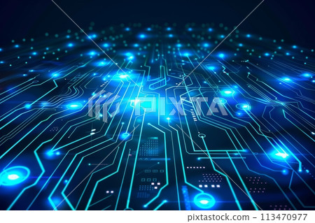 A blue and green computer circuit board with many small squares and lines. futuristic technology background 113470977