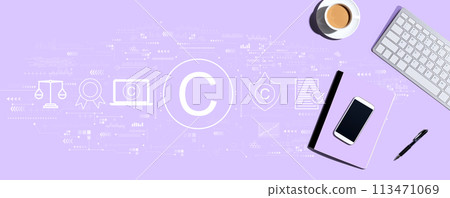 Copyright concept with computer keyboard and office items Copyright concept with computer keyboard and office items 113471069
