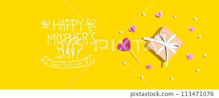 Happy Mothers day message with a small gift box and hearts 113471076