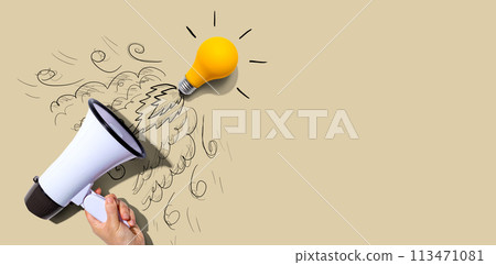 Attention and announcement concept with an idea light bulb flying to the sky like a rocket 113471081