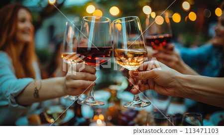 A group of people are celebrating with glasses of wine. Dinner Party A group of people are celebrating with glasses of wine. Dinner Party 113471103