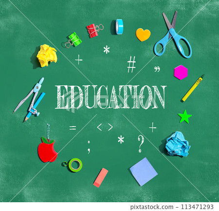 Education theme with school supplies on a chalkboard Education theme with school supplies on a chalkboard 113471293