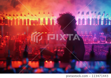 A man is standing behind a bar with a glass in his hand 113471443