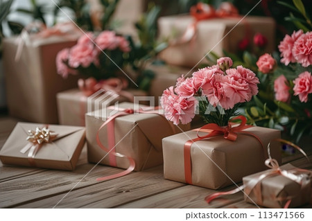 A wooden table with three brown boxes and a vase of pink flowers. Birthday concept. 113471566