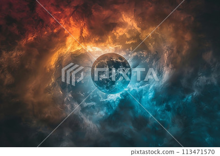 A colorful, swirling galaxy with a large, glowing blue moon in the center A colorful, swirling galaxy with a large, glowing blue moon in the center 113471570
