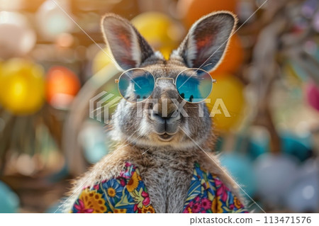 Three kangaroos are dressed in Hawaiian shirts and standing on a wooden deck 113471576