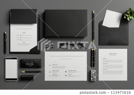A collection of office supplies including a notebook, a pen, a cup, and a clock 113471616