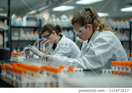 A group of scientists are working in a lab, with one of them holding a syringe A group of scientists are working in a lab, with one of them holding a syringe 113471617
