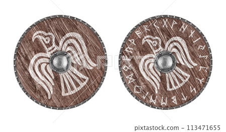 Old wooden round shield decorated with painted bird isolated on white background 113471655