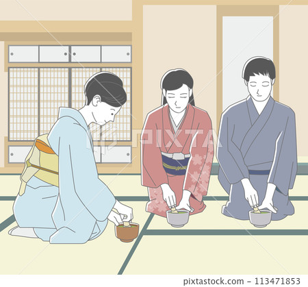 Japanese women and men experiencing tea ceremony Japanese women and men experiencing tea ceremony 113471853