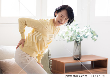 Lower back pain - middle-aged woman with lower back pain 113471919