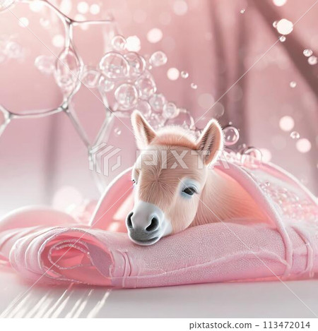 粉紅色的花朵和午睡的小馬駒,AI 生成的圖像 粉紅色的花朵和午睡的小馬駒,AI 生成的圖像 113472014