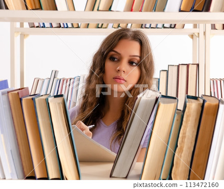 Young female student preparing for exams at library Young female student preparing for exams at library 113472160