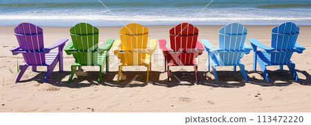 AI generated Beach colorful multicolored deck chairs standing in a row on tropical sand beach 113472220