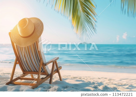 AI generated Beach deck chair on tropical sand beach in sunny sky background with copy space. AI generated Beach deck chair on tropical sand beach in sunny sky background with copy space. 113472221