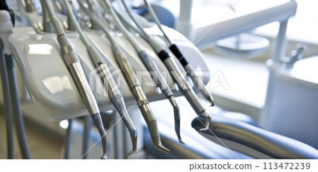 AI generated Row of various dental tools isolated on blue background. 113472239