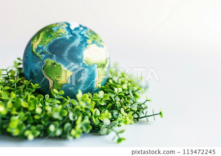 AI generated Planet earth with green leaf plant on a white background. 113472245