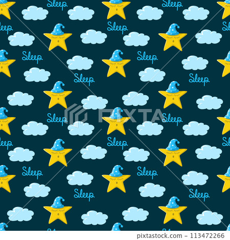 Seamless pattern with cute sleeping star in nightcap on clouds background and lettering sleep.  113472266