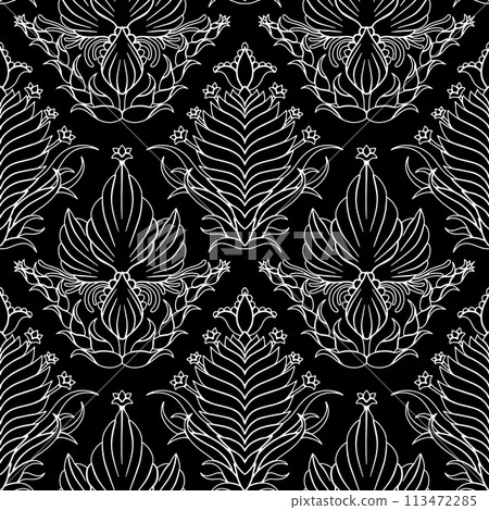 Seamless white outlined modern Damask pattern on a black background 113472285