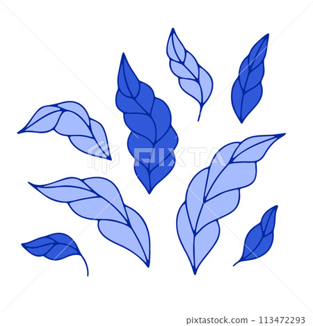 Monochrome blue floral chinoiserie style leaf isolated on white background 113472293