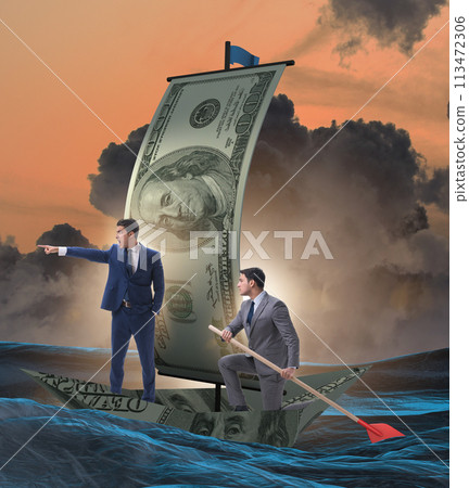Business partnership with businessmen sailing on dollar boat 113472306