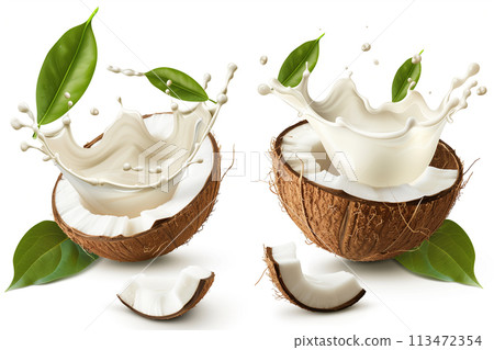 Coconut milk juice crack splash with green leaf isolated on white background. Coconut milk juice crack splash with green leaf isolated on white background. 113472354