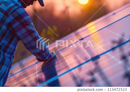 AI generated Male worker craftsman or electrical engineer installing photovoltaic blue solar panels AI generated Male worker craftsman or electrical engineer installing photovoltaic blue solar panels 113472523