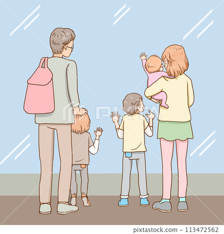Back view of a family enjoying themselves through the glass 113472562