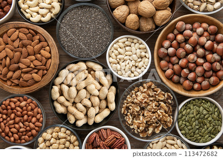 Peanut,hazelnut,walnut,almonds,pistachio,sunflower,pumpkin,chia,pecan and cashew mixed healthy nuts Peanut,hazelnut,walnut,almonds,pistachio,sunflower,pumpkin,chia,pecan and cashew mixed healthy nuts 113472682