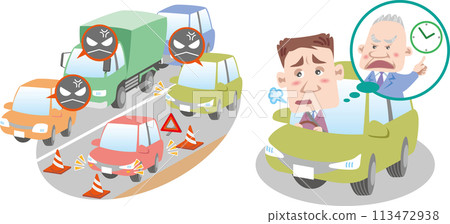 Traffic safety: A businessman is annoyed by a boss who prioritizes time over safety and rushes him due to traffic jams caused by breakdowns on the road. Traffic safety: A businessman is annoyed by a boss who prioritizes time over safety and rushes him due to traffic jams caused by breakdowns on the road. 113472938