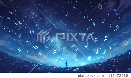 一個人和音符的背景將他們的手伸向太空 113472986