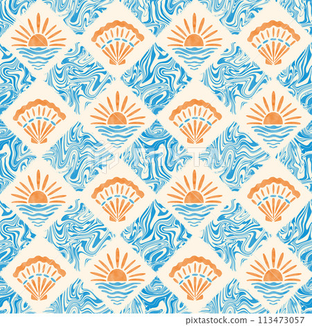 Nautical groovy seamless pattern. Watercolor seashells and sunset sun tiles on marble textured background. Summer joyful design for swimwear, home decor, textile. Blue wavy swirls repeat 113473057