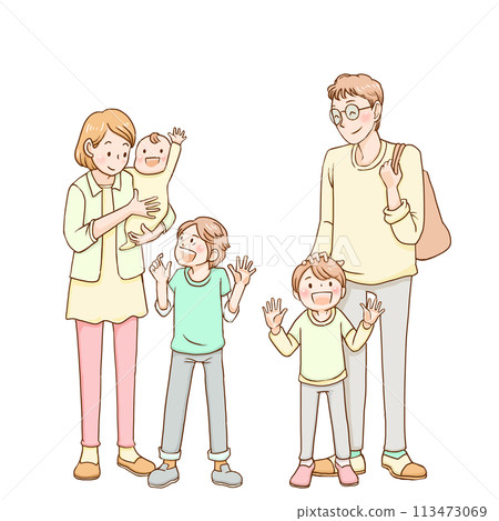 A family of five having fun through glass A family of five having fun through glass 113473069