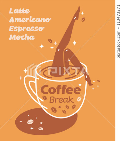 Poster coffee cup girl bathing woman s feet on yellow background. the menu of the restaurant cafeteria bar 113473271