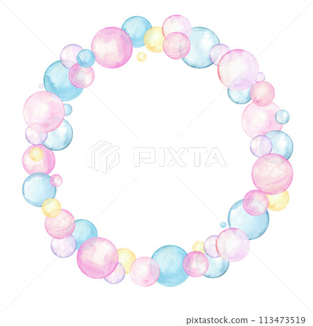 Rainbow colorful bubble blowers. Pink, blue, yellow polka dots. Multicolored circle in soft pastel colors. Wreath with underwater drops, bubbles. Watercolor illustration isolated on white 113473519