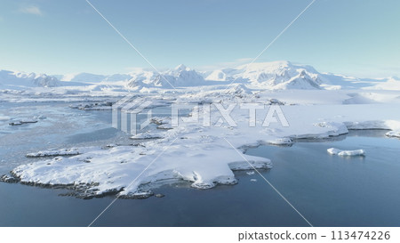 Arctic Polar Mountain Coast Aerial View. Snow Covered Antarctica Ocean Landscape Overview. North Nature Horizon Stunning Panorama Drone 113474226