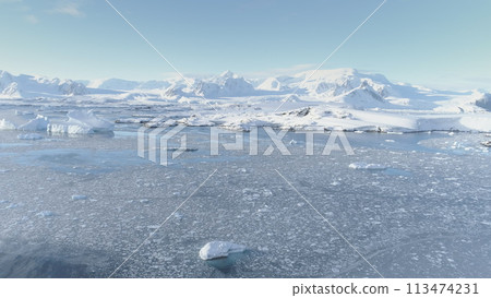 Arctic Polar Mountain Coast Aerial View. Snow Covered Antarctica Ocean Landscape Overview. North Nature Horizon Stunning Panorama Drone Arctic Polar Mountain Coast Aerial View. Snow Covered Antarctica Ocean Landscape Overview. North Nature Horizon Stunning Panorama Drone 113474231