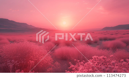 AI-generated image of a world dyed pink by the setting sun 113474273