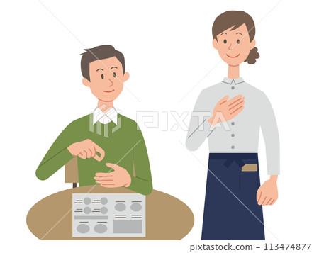 Illustration of a man ordering in sign language and a female clerk answering 113474877