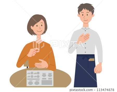 Illustration of a woman ordering in sign language and a male store clerk answering Illustration of a woman ordering in sign language and a male store clerk answering 113474878