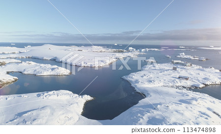 Antarctica Polar Ocean Seascape Aerial Flight View. North Antarctic Open Water Glacier Landscape Island Overview. Climate Change at Nature Coast Drone Antarctica Polar Ocean Seascape Aerial Flight View. North Antarctic Open Water Glacier Landscape Island Overview. Climate Change at Nature Coast Drone 113474898