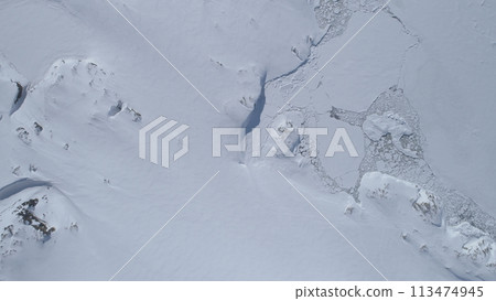 Antarctica Coast Glacier Surface Open Water Aerial View. Arctic Lagoon Floating Melting Ice Majestic Landscape Global Warming Concept Top Flight Drone 113474945