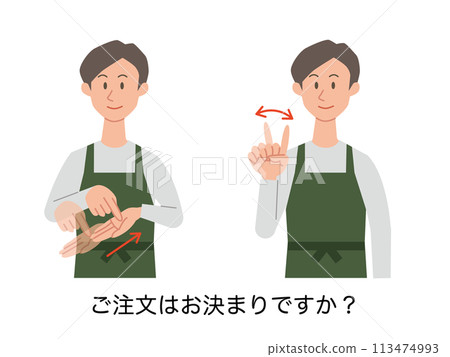 Illustration of a male store clerk making a sign to ask "Are you ready to order?" 113474993