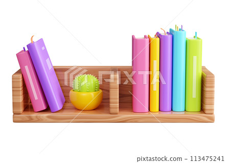 Book stack with hard cover standing and laying, and green flower in pot on wooden shelf. 3D render illustration of literature row with plant on bookshelf with wood texture for reading and education. Book stack with hard cover standing and laying, and green flower in pot on wooden shelf. 3D render illustration of literature row with plant on bookshelf with wood texture for reading and education. 113475241