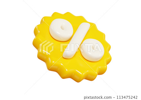Yellow starburst sticker with percent sign floating in air. 3D render illustration of round sunburst label with sale and discount sign for promotion. Flying in different angles badge icon. 113475242