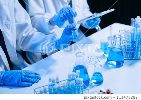 Two Scientist mixing chemical liquids in the chemistry lab. Researcher working in the chemical laboratory Two Scientist mixing chemical liquids in the chemistry lab. Researcher working in the chemical laboratory 113475282